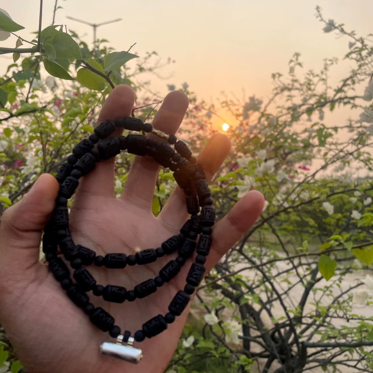 Black Pure Tulsi Double Round Kanthi Mala with Radha Naam and Brajraj Kavach