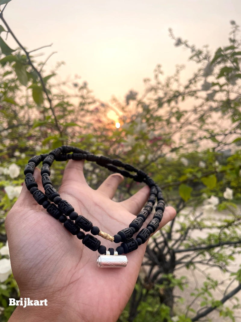 Black Pure Tulsi Double Round Kanthi Mala with Radha Naam and Brajraj Kavach