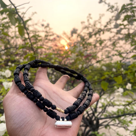 Black Pure Tulsi Double Round Kanthi Mala with Radha Naam and Brajraj Kavach
