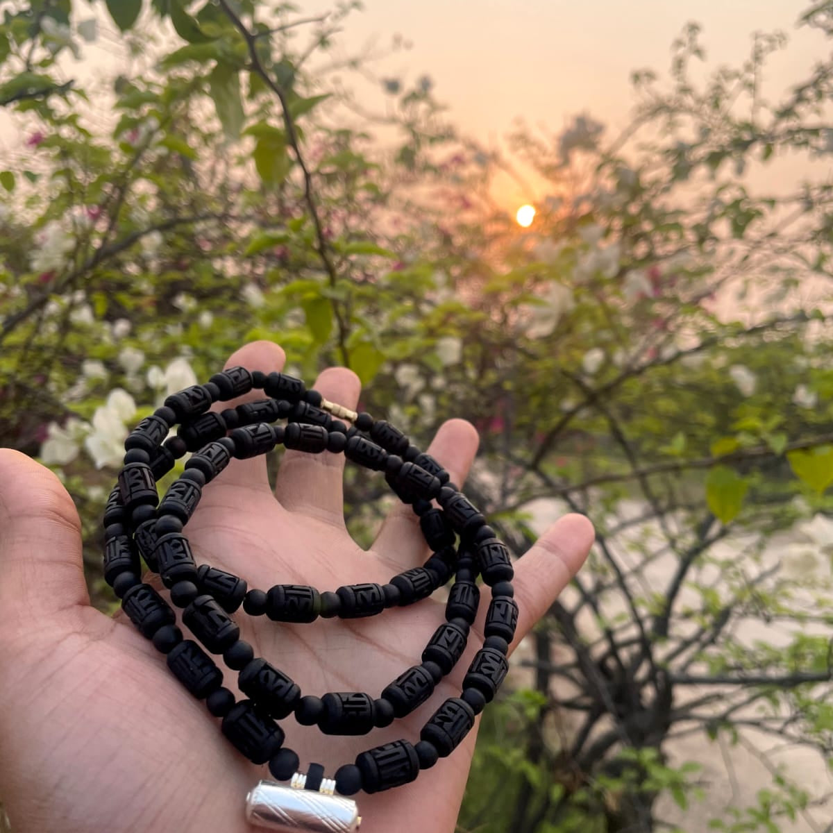 Black Pure Tulsi Double Round Kanthi Mala with Radha Naam and Brajraj Kavach