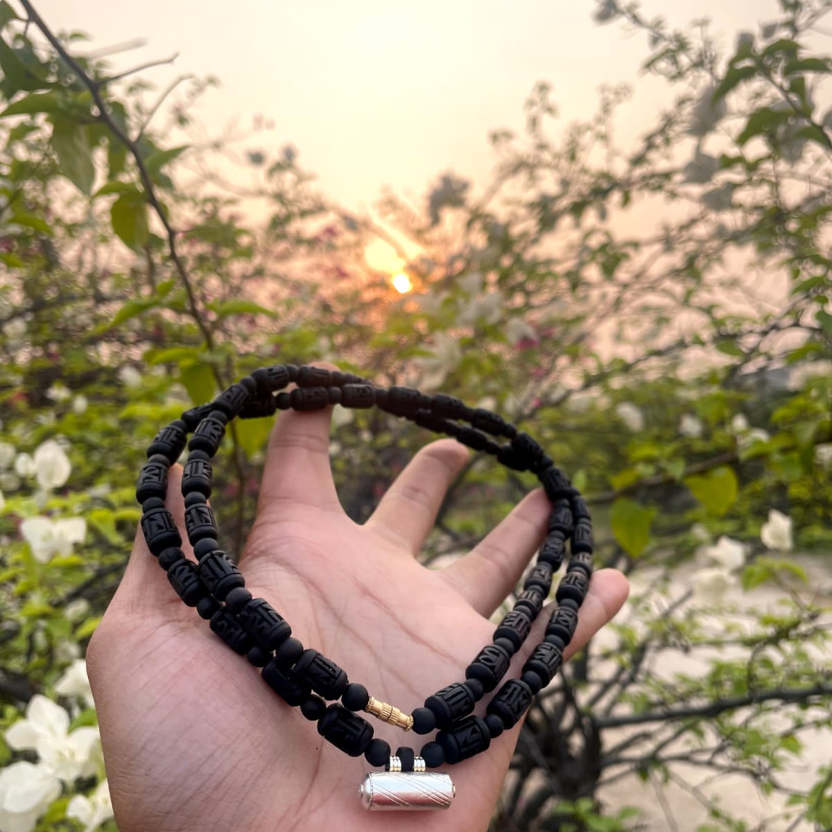 Black Pure Tulsi Double Round Kanthi Mala with Radha Naam and Brajraj Kavach
